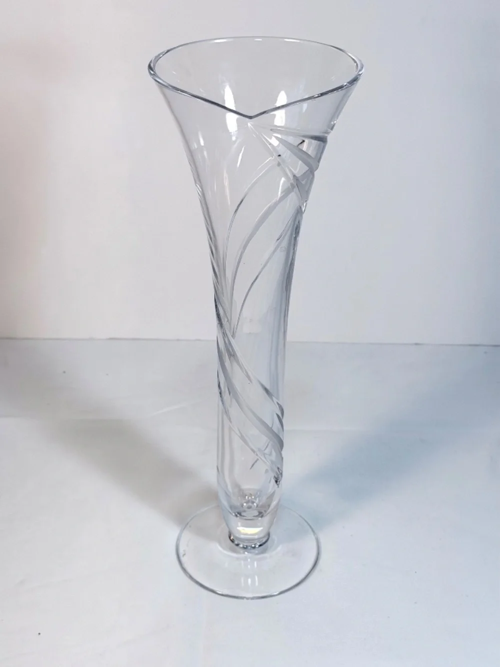 Rogaska Crystal Trumpet Vase Etched Spiral Swirl w/ Small Lip 12